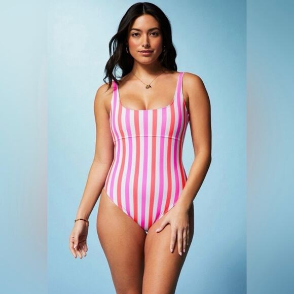 Fabletics White&Pink Stripe Neon Candy Sunset Scoop One Piece Swimsuit Sz.XL - Picture 2 of 16
